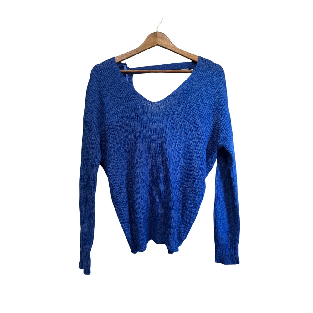Mi ami‎ Twist Back Sweater Women S Blue Excellent Cut Out V-Neck ST19B367S